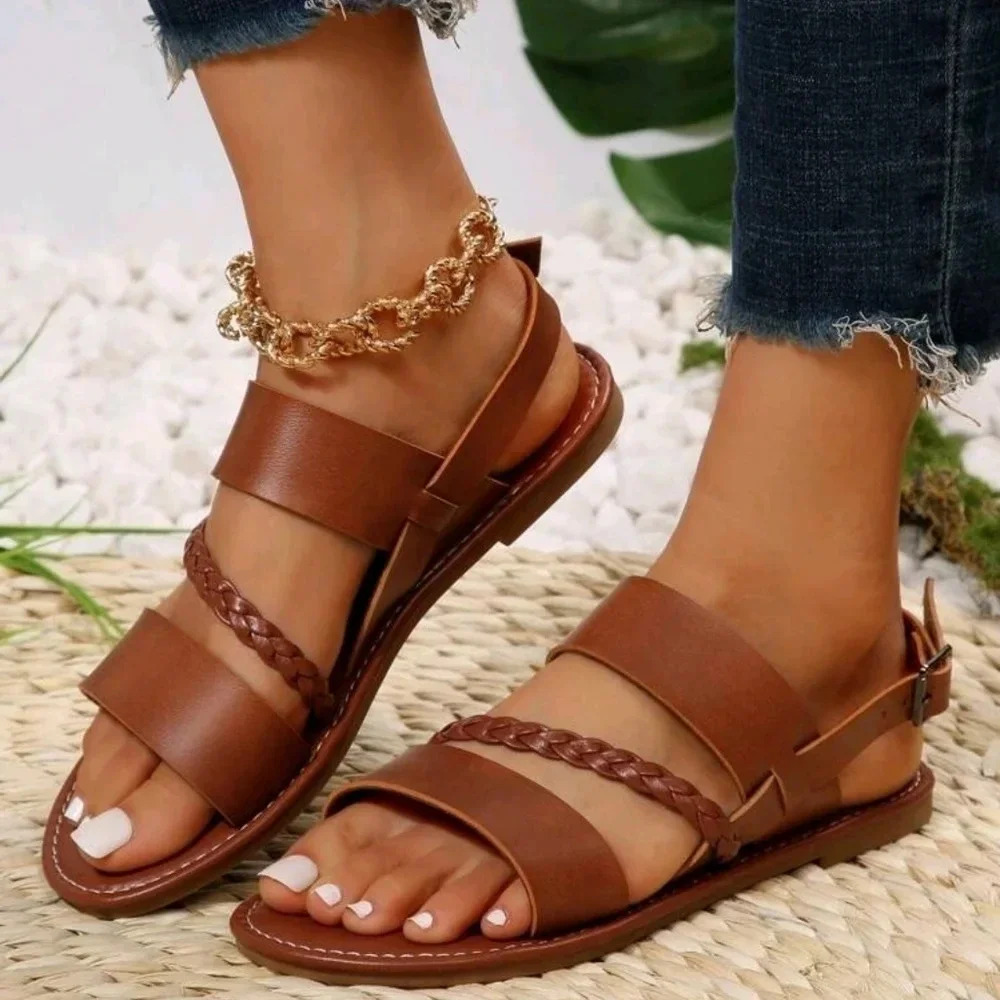 Women Braided Detail Buckle Decor Slingback Sandals, Vacation Flat Sandals - Picture 2 of 7